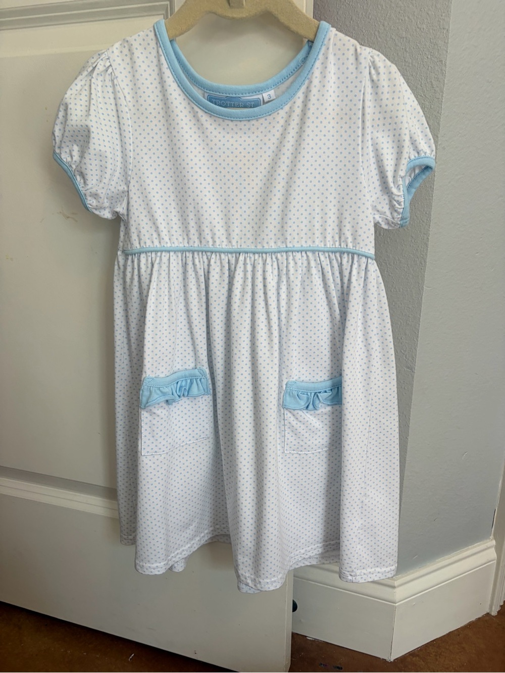 Girls' White Dress with Light Blue Trim and Polka Dots